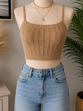 Knit Cropped Cami Tank Top in Camel